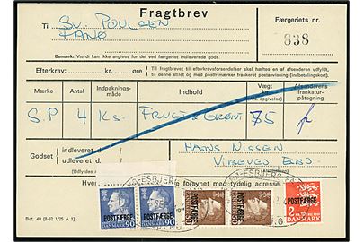 50 øre (2), 90 øre (2) Fr. IX og 2 kr. Rigsvåben Postfærge på fragtbrev fra Esbjerg d. 23.9.1974 til Fanø.