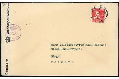 20 öre Svenska Flottan på brev fra Arlöv d. 26.7.1945 til Stege, Danmark. Åbnet af dansk efterkrigscensur (krone)/308/Danmark.