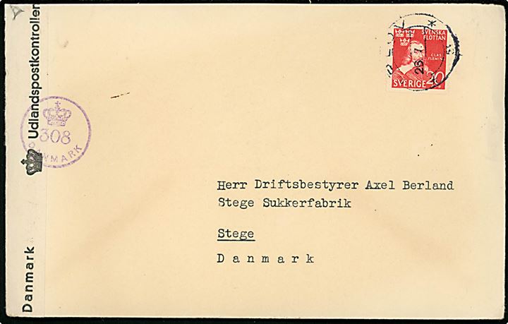 20 öre Svenska Flottan på brev fra Arlöv d. 26.7.1945 til Stege, Danmark. Åbnet af dansk efterkrigscensur (krone)/308/Danmark.
