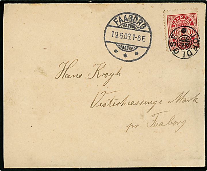 10 øre Våben på brev annulleret med stjernestempel JORDLØSE og Faaborg d. 19.6.1903 til Vester Hæssinge Mark pr. Faaborg.