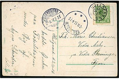 5 øre Chr. X på brevkort annulleret med stjernestempel KJELDERNÆS og sidestemplet brotype IIIb Bandholm d. 2.11.1916 via Svendborg til Vester Aaby pr. Vester Skerninge. 