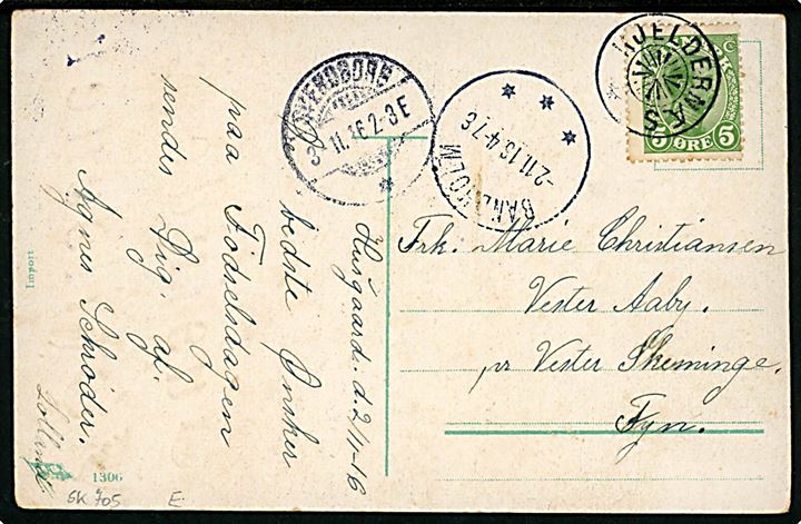5 øre Chr. X på brevkort annulleret med stjernestempel KJELDERNÆS og sidestemplet brotype IIIb Bandholm d. 2.11.1916 via Svendborg til Vester Aaby pr. Vester Skerninge. 