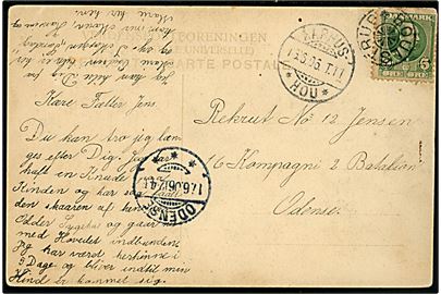 5 øre Chr. IX på brevkort annulleret med stjernestempel BOULSTRUP og sidestemplet bureau Aarhus - * Hou * T.11 d. 16.6.1906 til soldat i Odense.