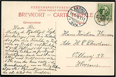 5 øre Chr. IX på brevkort annulleret med stjernestempel HOU og sidestemplet bureau Aarhus - * Hou * T.11 d. 10.10.1906 til Horsens.