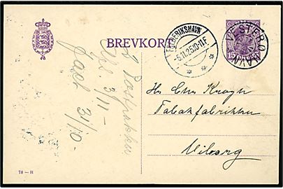 15 øre Chr. X helsagsbrevkort (fabr. 78-H) annulleret med stjernestempel VESTERØ HAVN og sidestemplet Frederikshavn d. 5.11.1925 til Viborg.