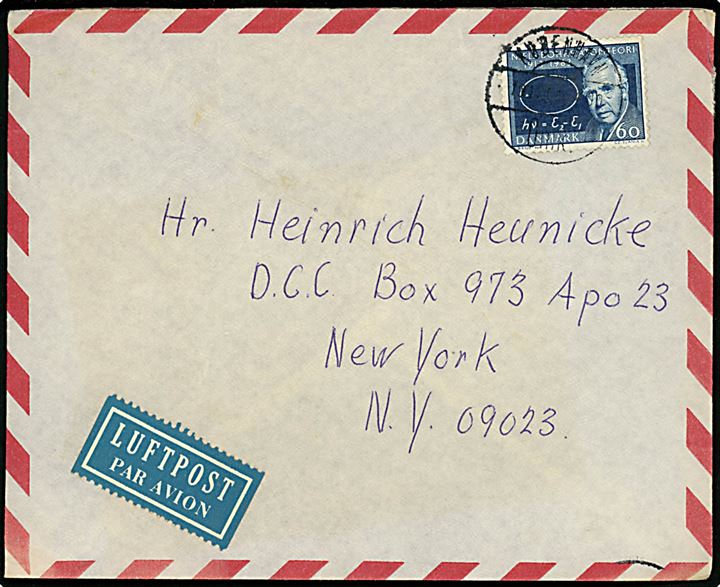 60 øre Niels Bohr. på luftpostbrev fra København d. 18.11.1964 til dansk arbejder på Thule basen, Grønland adresseret via amerikansk feltpost APO 23, New York, USA.