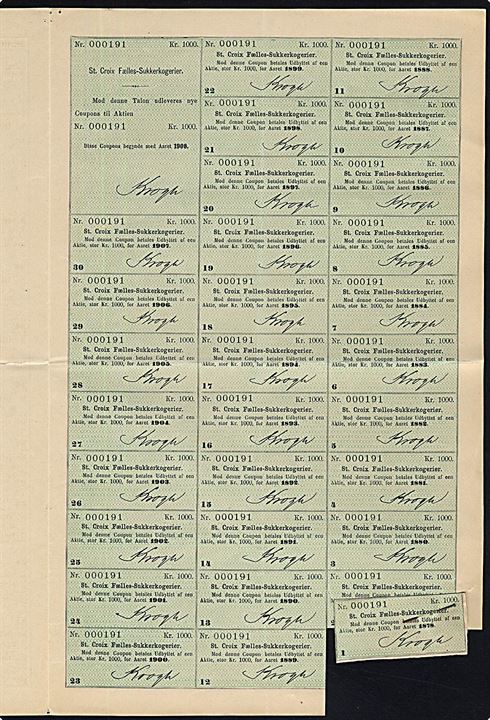 St. Croix Fælles-Sukkerkogeri aktie på 1000 kr. udstedt i Kjøbenhavn d. 1.1.1878. Vedhæftet kuponer. 