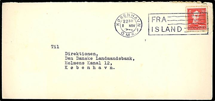 20 øre Chr. X på brev fra Thorshavn annulleret med skibs TMS København OMK.1 / Fra Island d. 8.11.1946 til København.