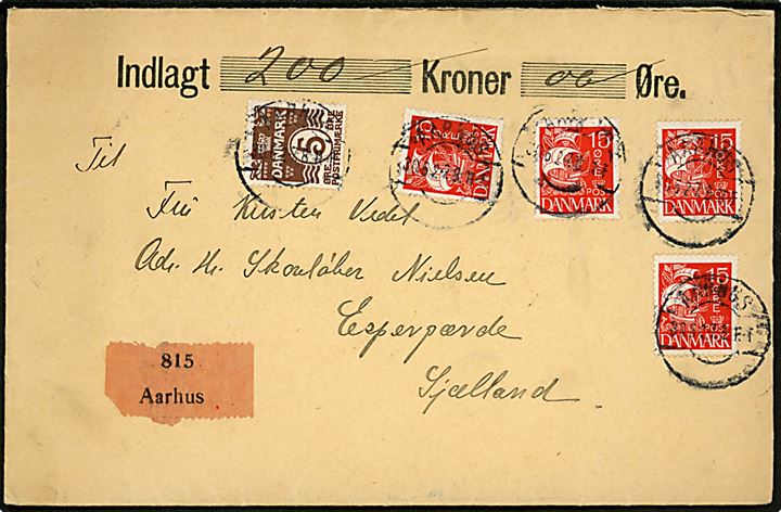 5 øre Bølgelinie og 15 øre Karavel (4) på 65 øre frankeret værdibrev fra Aarhus d. 30.5.1927 til Espergærde. Sendt fra A. H. Vedel ombord på artilleriskibet Niels Juel.
