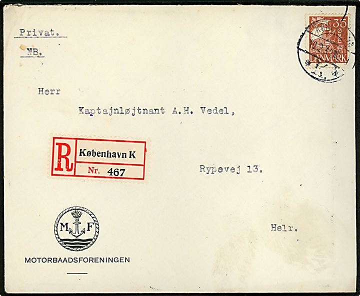 35 øre Karavel single på lokalt anbefalet brev fra København d. 10.2.1932 til Kaptajnløjtnant A. H. Vedel i Hellerup.