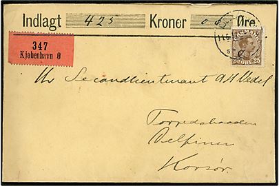 25 øre Chr. X single på værdibrev fra Kjøbenhavn d. 11.6.1917 til SekondløjtnantA. H. Vedel. Torpedobåden Delfinen, Korsør.