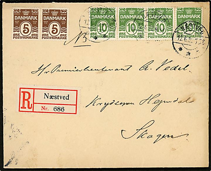 5 øre (par ustemplet) og 10 øre (4) Bølgelinie på anbefalet brev fra Næstved d. 12.6.1922 til Premierløjtnant A. Vedel, Krydseren Heimdal, Skagen. 