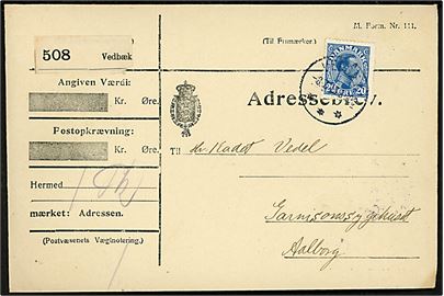 20 øre Chr. X single på adressebrev for pakke sendt fra kadet ombord på krydseren Valkyrien i Vedbæk d. 8.7.1915 til garnisonssygehuset i Aalborg. Krydseren Valkyrien var i sommeren 1915 udrustet som kadetskib i indre danske farvande.