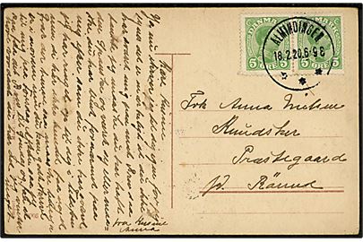 5 øre Chr. X i parstykke på brevkort annulleret med brotype IIIb Almindingen d. 18.2.1920 til Knudsker pr. Rønne.