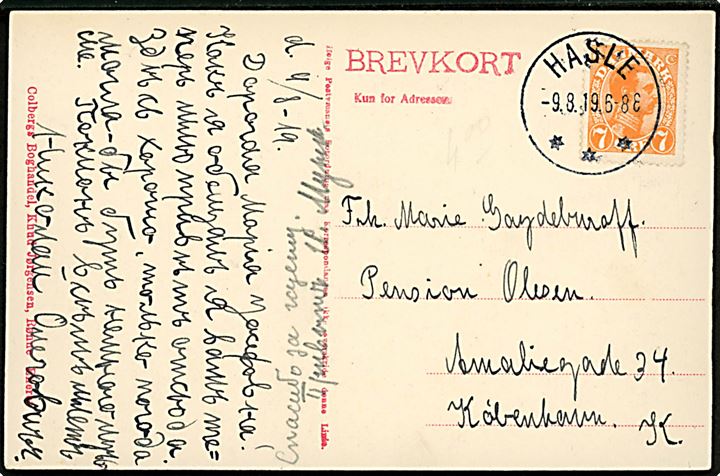 7 øre Chr. X på brevkort (Vigen ved Svaneke) annulleret med brotype IIIb Hasle d. 9.8.1919 til København.