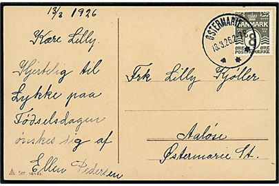 8 øre Bølgelinie single på lokalt brevkort annulleret med brotype IIIb Østermarie d. 13.3.1926 til Aaløse.
