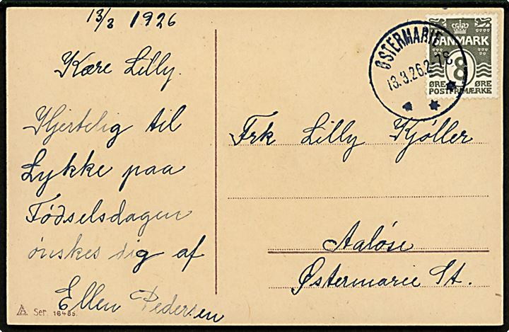 8 øre Bølgelinie single på lokalt brevkort annulleret med brotype IIIb Østermarie d. 13.3.1926 til Aaløse.