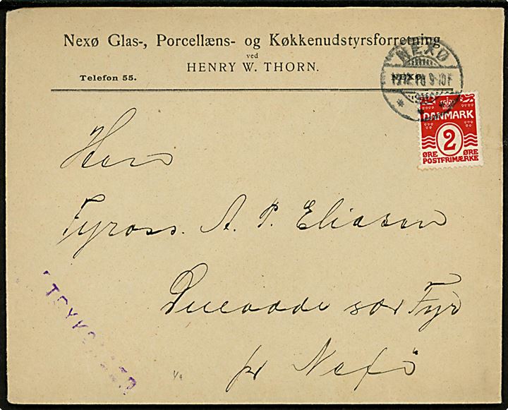 2 øre Bølgelinie single på lokal tryksag fra Nexø d. 12.12.1910 til Dueodde Fyr pr. Neksø.