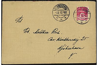 10 øre Bølgelinie på brev annulleret med brotype IIa Hammershus d. 4.6.1913 til Kjøbenhavn. Sjældent stempel på breve og kun 4 dage efter sommerpostkontor oprettet.
