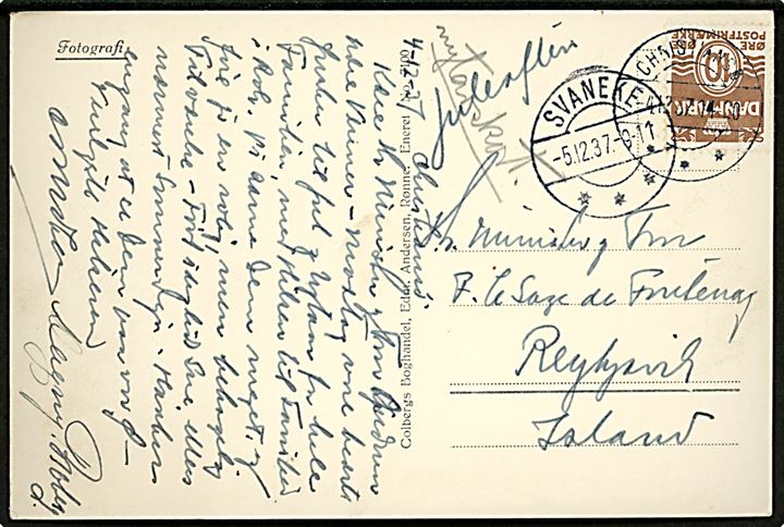 10 øre Bølgelinie på brevkort (Christiansø) annulleret med brotype IIc Christiansø d. 4.12.1937 og sidestemplet Svaneke d. 5.12.1937 til Reykjavik, Island.