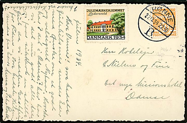 10 øre Bølgelinie og Julemærke 1934 på brevkort annulleret Rønne B. d. 22.12.1934 til Odense.