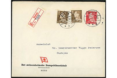 40 øre (2) og 50 øre Fr. IX på illustreret firmakuvert fra Det østbornholmske Dampskibsselskab sendt anbefalet fra Neksø d. 17.11.1966 til Gudhjem. Fuldt indhold. 