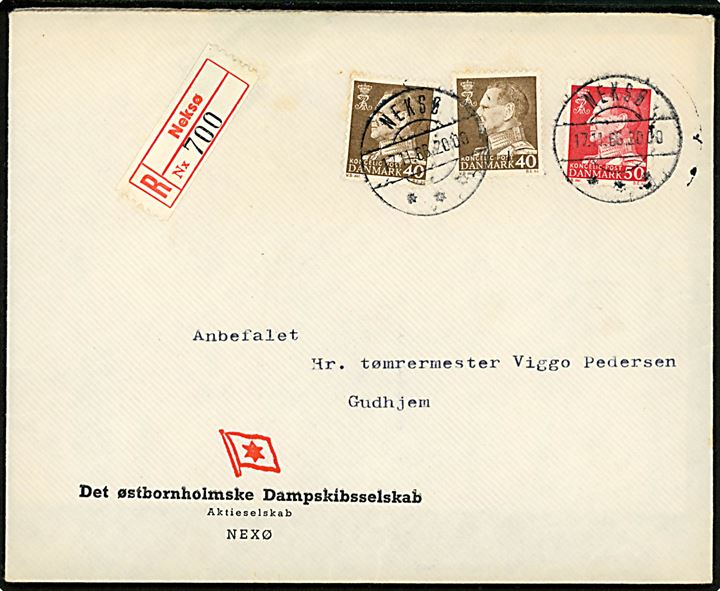 40 øre (2) og 50 øre Fr. IX på illustreret firmakuvert fra Det østbornholmske Dampskibsselskab sendt anbefalet fra Neksø d. 17.11.1966 til Gudhjem. Fuldt indhold. 