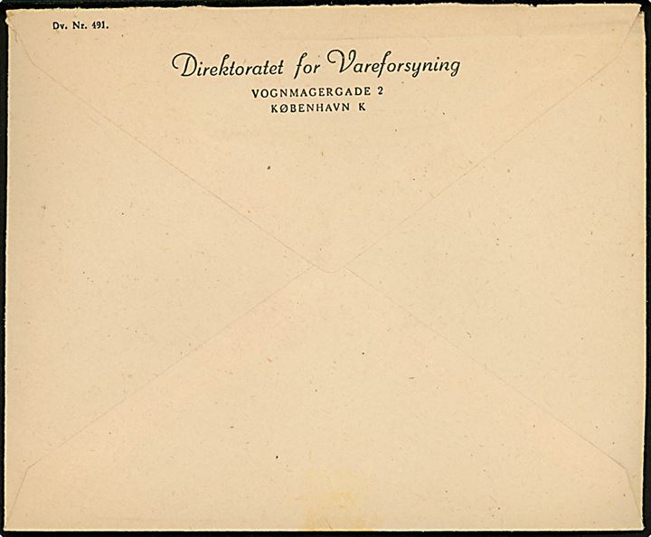 45 øre Chr. X med perfin V single på lokalt anbefalet brev fra Direktoratet for Vareforsyning i København d. 21.5.1947 til Viceadmiral A. H. Vedel, Kommandør af Dannebrog, Dannebrogsmand, Søværnskommandoen i København.