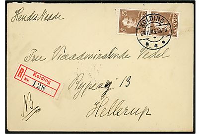 25 øre Chr. X i parstykke på anbefalet brev fra Kolding d. 24.11.1943 til fru Viceadmiral Vedel i Hellerup.