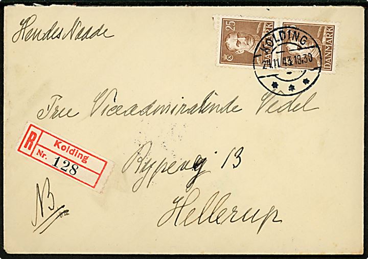 25 øre Chr. X i parstykke på anbefalet brev fra Kolding d. 24.11.1943 til fru Viceadmiral Vedel i Hellerup.