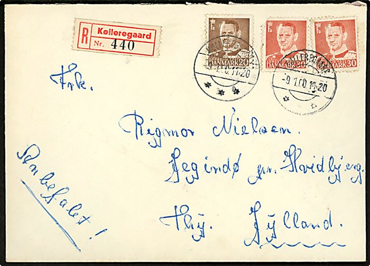 20 øre og 30 øre (2) Fr. IX på anbefalet brev annulleret med brotype IIc Kølleregaard d. 9.1.1960 til Jegindø pr. Hvidbjerg. 