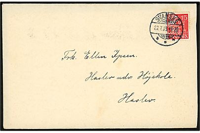 15 øre Karavel på brev med indhold dateret i Ibsker annulleret brotype Ic Svaneke d. 22.7.1935 til Haslev.