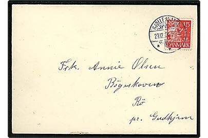 15 øre Karavel på brev annulleret brotype Ia Køllergaard d. 29.12.1934 til Rø pr. Gudhjem.