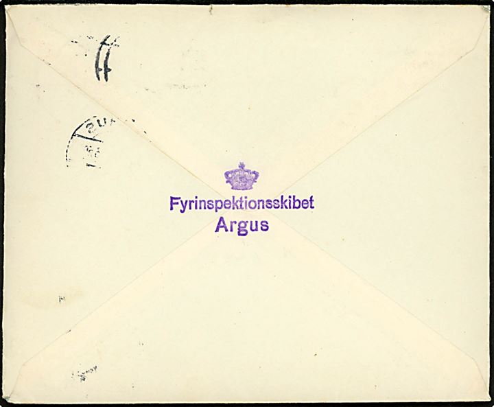 15 øre Karavel (2) på søndagsbrev fra Aarhus d. 30.11.1935 til Charlottenlund. På bagsiden afs.-stempel: (krone) Fyrinspektionsskibet Argus. 