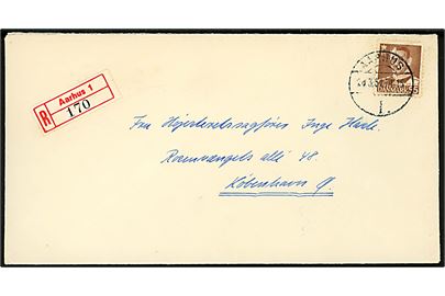 55 øre Fr. IX single på anbefalet brev fra Aarhus 1. d. 28.3.1951 til København.