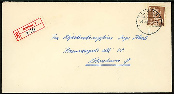 55 øre Fr. IX single på anbefalet brev fra Aarhus 1. d. 28.3.1951 til København.