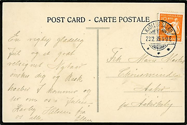 10 øre H. C. Andersen på brevkort annulleret med brotype Ia Kjøllergaard d. 23.12.1935 til Aakirkeby.