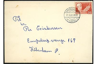 35 øre FAO på brev fra soldat ved Bornholms Værn annulleret med pr.-stempel Almegårds Kaserne pr. Rønne sn1 d. 31.5.1964 til København.
