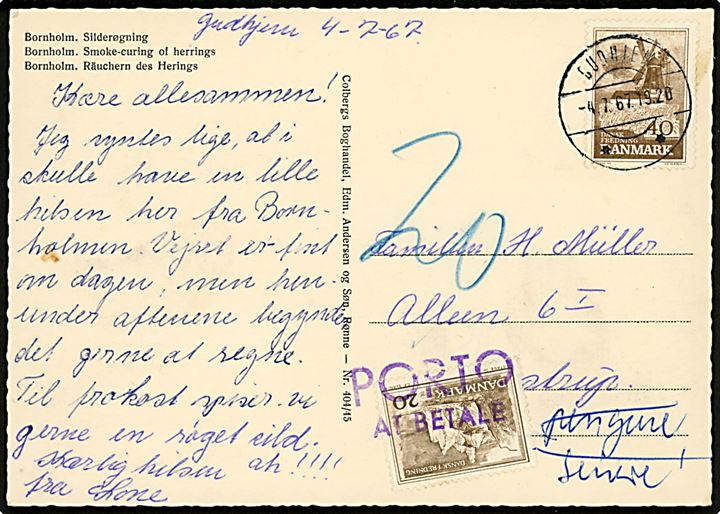 40 øre Bogø Mølle på underfrankeret brevkort fra Gudhjem d. 4.7.1967 til Kastrup. Udtakseret i porto med 20 øre Møens Klint anvendt som portomærke og annulleret PORTO AT BETALE.