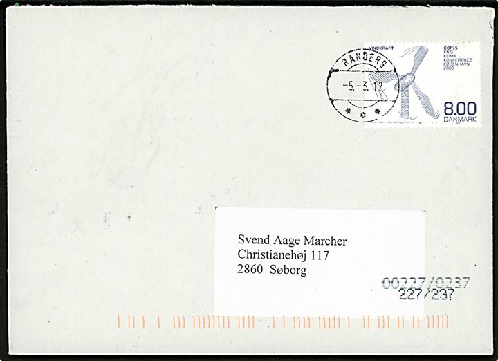 8 kr. COP15 udg. på brev annulleret med postsparestempel Randers d. 5.3.2012 til Søborg.