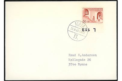 60+10 øre Grønlandssagen på filatelistisk sidstedags brev annulleret med brotype Vd Neksø B. d. 28.9.1968 til Rønne.