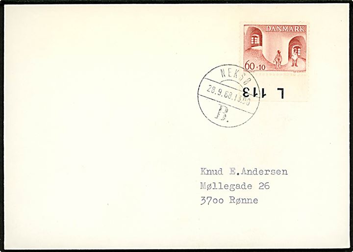 60+10 øre Grønlandssagen på filatelistisk sidstedags brev annulleret med brotype Vd Neksø B. d. 28.9.1968 til Rønne.