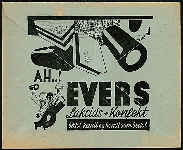 15+5 øre Børneforsorg på illustreret firmakuvert fra C. R. Evers & Co. sendt lokalt i København d. 5.5.1941. På bagsiden reklame for lakrids-konfekt.