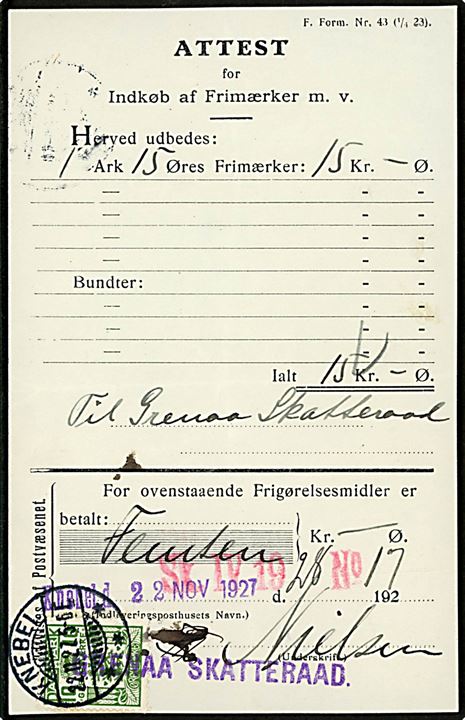 10 øre Gebyrmærke annulleret med brotype Ia Knebel d. 22.11.1927 på Attest for Indkøb af Frimærker m.v. - F. Form. Nr. 43 (1/4 23). 