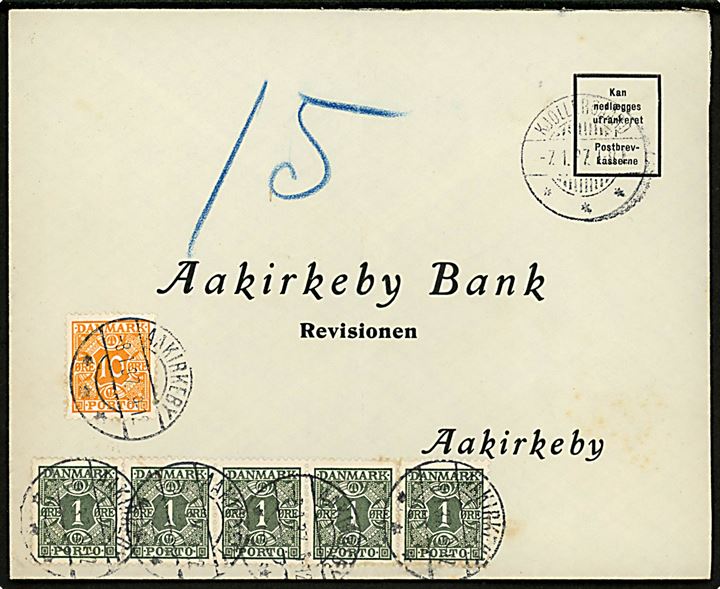 Ufrankeret svarkuvert med brotype Ia Kjøllergaard d. 7.1.1937 til Aakirkeby. Udtakseret i enkeltporto med 1 øre (5) og 10 øre Portomærke annulleret Aakirkeby d. 8.1.1937. Senest registrerede dato af brotype Ia Kjøllergaard.