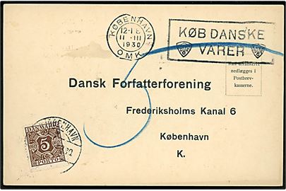 Ufrankeret svar-tryksag sendt lokalt i København d. 2.3.1930. Udtakseret i enkeltporto med 5 øre Portomærke annulleret Kjøbenhavn d. 11.3.1930