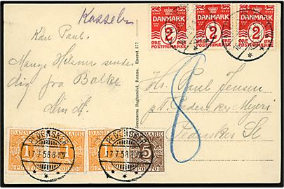 2 øre Bølgelinie (3) på underfrankeret brevkort påskrevet Kassebrev fra Nexø d. 16.7.1928 til Pedersker. Udtakseret i porto med 1 øre (3) og 5 øre Portomærke annulleret brotype Ia Pedersker d. 17.7.1928 (fejlindstillet årstal = 1958).