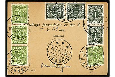 1 øre (4) og 5 øre (4) Portomærker på debetseddel annulleret brotype IId Rønne d. 28.7.1955.