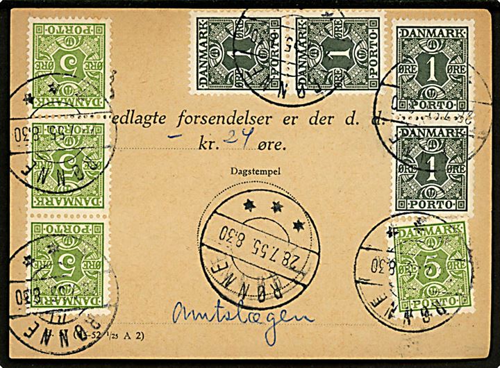 1 øre (4) og 5 øre (4) Portomærker på debetseddel annulleret brotype IId Rønne d. 28.7.1955.