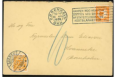 10 øre H. C. Andersen single på underfrankeret brev fra København d. 22.4.1936 til Svaneke. Udtakseret i porto med 10 øre Portomærke annulleret brotype Ic Svaneke d. 23.4.1936.